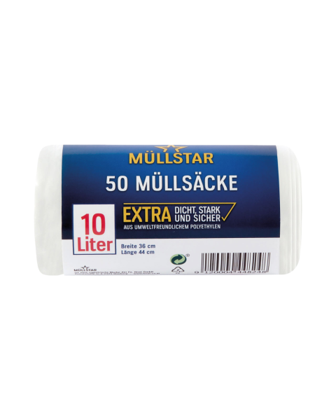 muellstar Muellsaecke 10 Liter, extra dicht, stark und sicher, weiss transparent, 36 mal 44 cm, aus Polyethylen